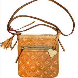 Dooney & Bourke Crossword Hearts Crossbody Purse Orange Tan Logo Leather Handbag